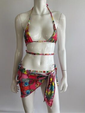 Alameda Turquesa Coralina Euro Summer Beaded Bikini Set + Sarong